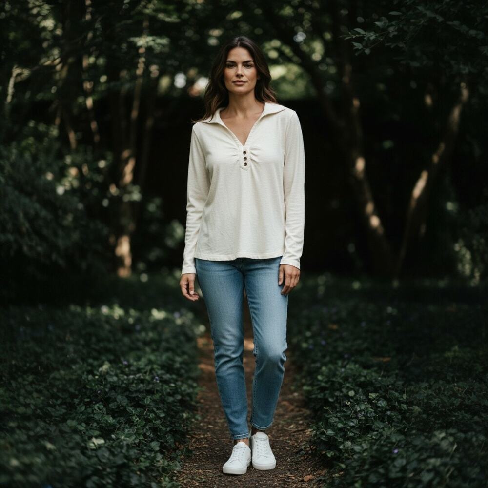 Prana Cream Slub Knit Henley Top Long Sleeve Women's Medium
